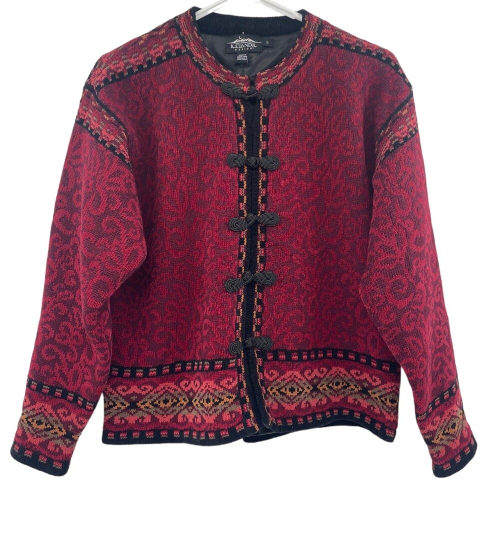 Vintage Y2K Icelandic Designs Sweater Jacket Large Red Wool Blend Cardigan Lined
